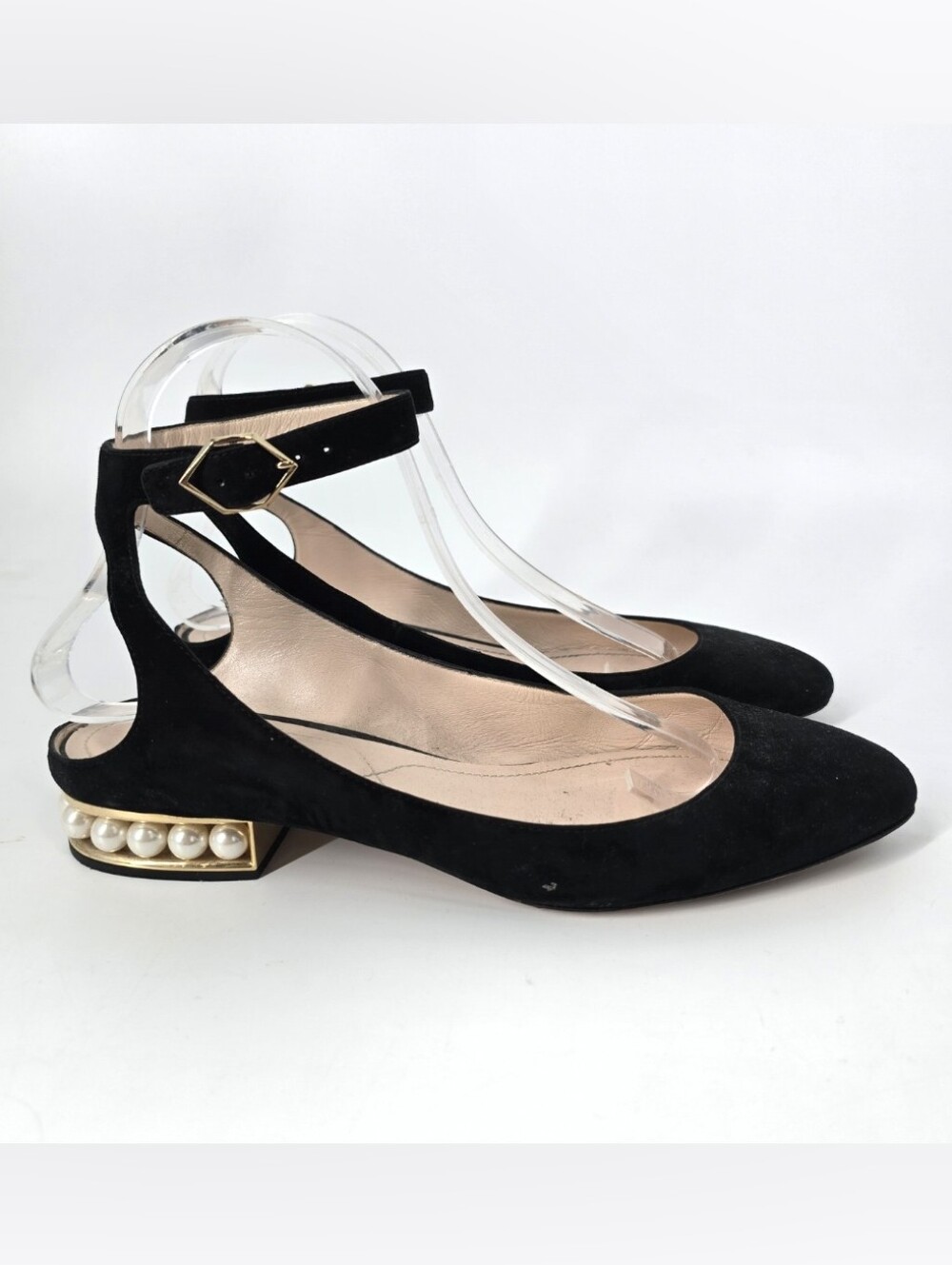 Nicholas Kirkwood Lola Black Velvet Flats Pearl Heel Size 39